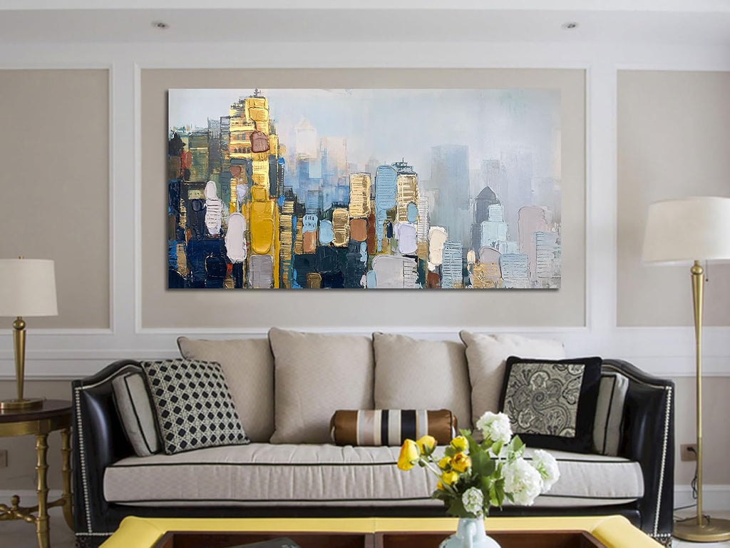 Neutral Wall Art Painting Oversize Abstract Art Wall Decor Canvas, Textured Skyline Gold Painting Modern Artwork for