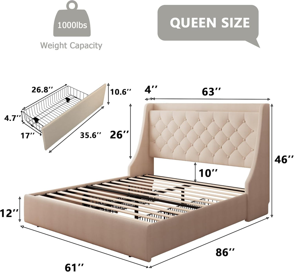 Upholstered Queen Bed Frame with 4 Storage Drawers, Charging Station and Tufted Wingback Storage Headboard