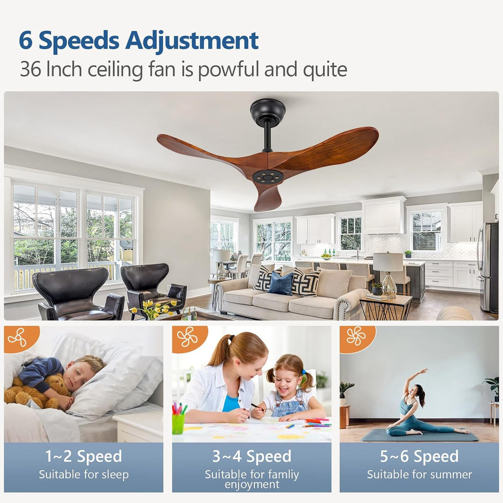 Inspired Maverick Style 36 Inch Solid Wood Ceiling Fan with Remote,Ceiling Fan no Light,6 Speeds,Noiseless,Reversible DC Motor,Modern Ceiling Fans without Lights for Living Room Bedroom Farmhouse,Patios
