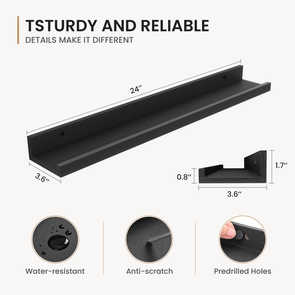 Picture Ledge Shelf for Wall, Black Floating Shelves, 24 inch Long Floating Shelves with Lip, Set of 2