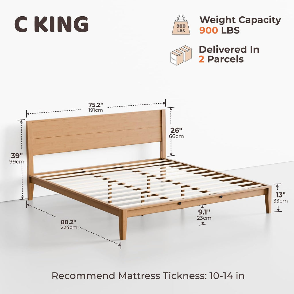 Japanese Joinery California King Bed Frame, Mid-Century Modern Solid Bamboo Wood Platform Bed with Tall Headboard