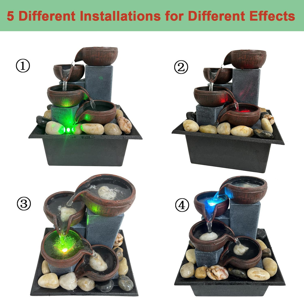 Small Indoor Relaxation Tabletop Fountain, Zen Meditation Waterfall Feature with Color LED Light & Natural Rocks, 4