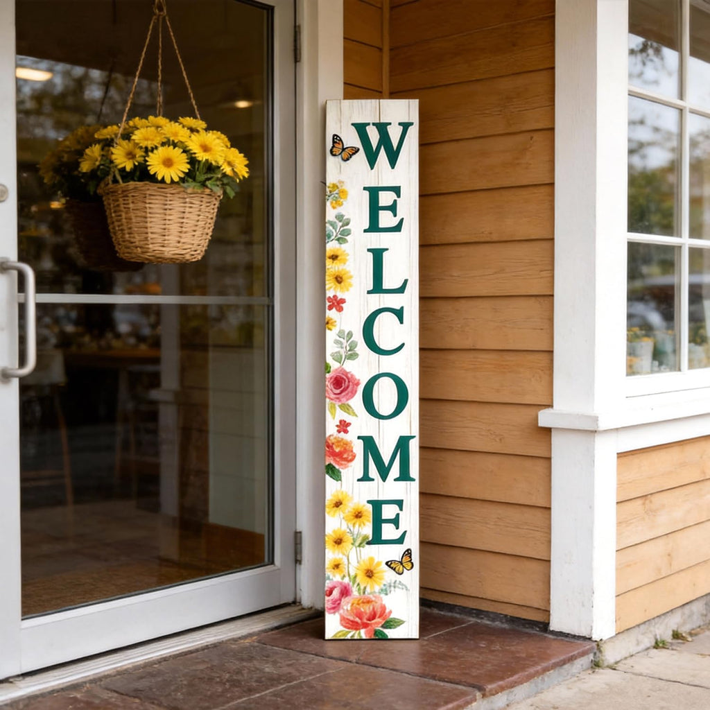 Welcome Sign for Front Door, Spring Flower 47"X8" White