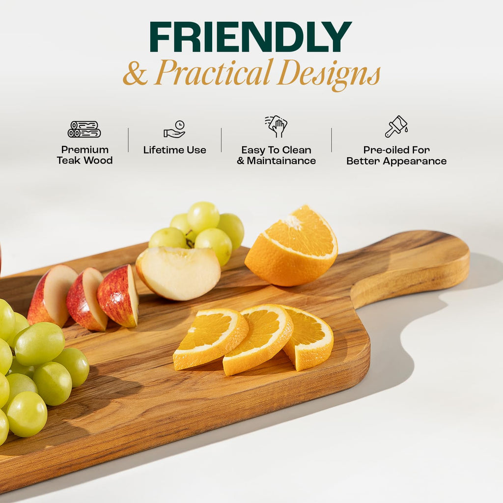 Teak Cutting Boards, [20''Lx10''Wx0.75"] Ergonomic Handle Serving Board, Pre-Oiled Teak Wood Charcuterie Board