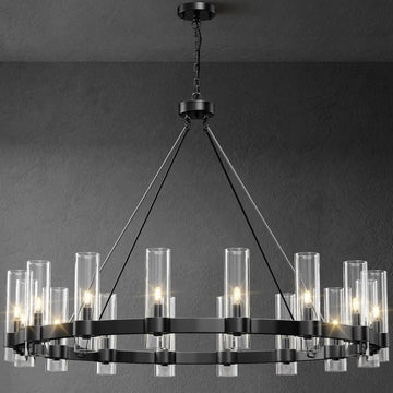 Inspired Ravelle Style Black Chandelier,16-Lights Wagon Wheel Chandelier with Glass Shade,48 Inch Large Round Industrial High Ceilings Pendant Lighting Fixture for Dining Room, Living Room, Kitchen Island, Foyer