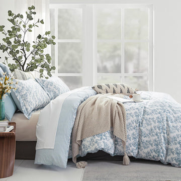 Vintage 100% Cotton Duvet Cover Queen 3PC - Elegant Pale Slate Blue Floral Pattern on White with Light Blue & White - Set of 3