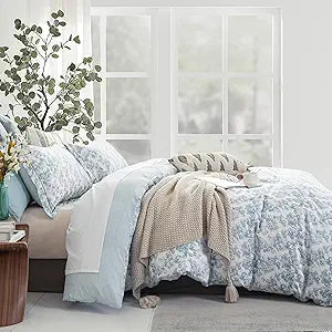 Vintage 100% Cotton Duvet Cover Queen 3PC - Elegant Pale Slate Blue Floral Pattern on White with Light Blue & White - Set of 3