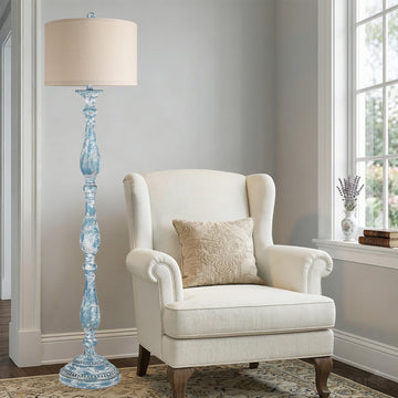 Vintage Floor Lamp, Rustic Farmhouse Standing Lamp with Rotary Switch and Linen Shade, Retro Resin Floor Lamp