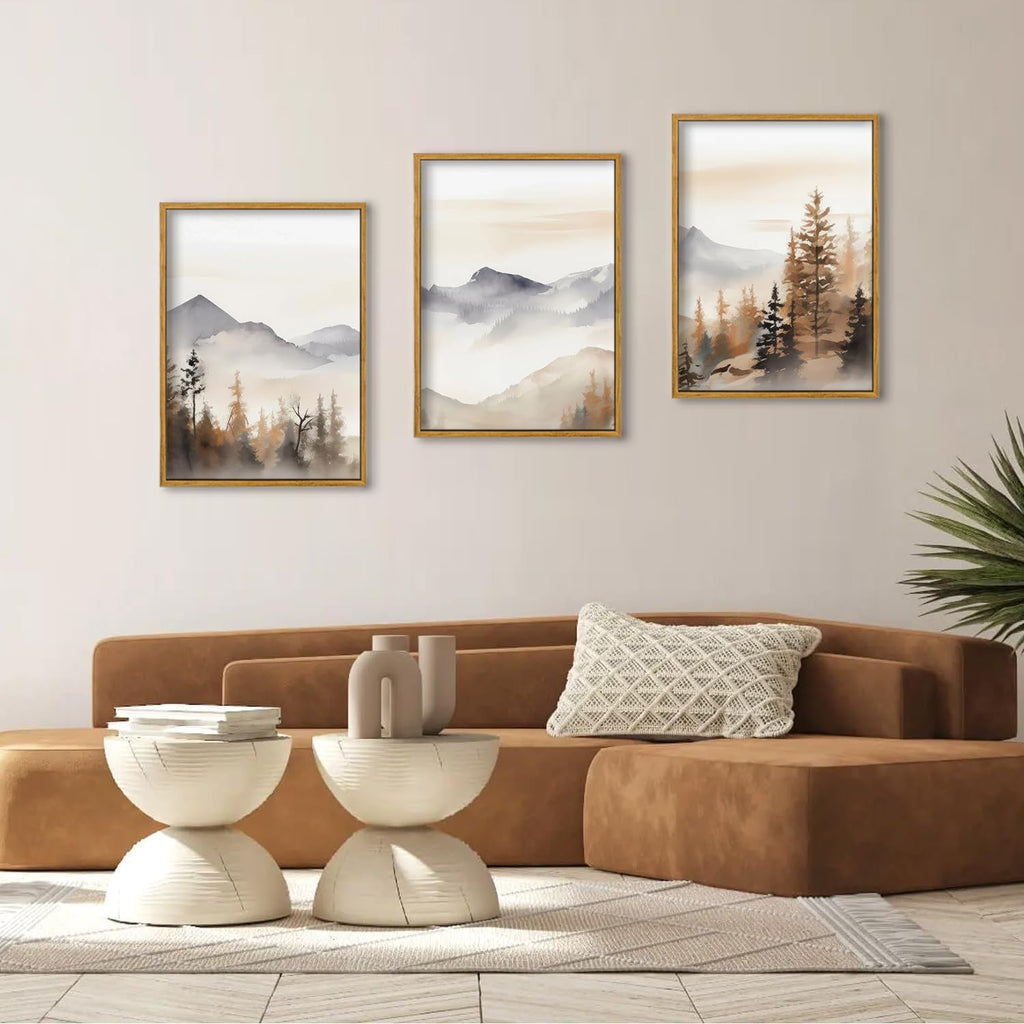 Framed Neutral Mountain Wall Art Forest Landscape Canvas Painting Prints Set of 3 Abstract Nature Watercolor Picture