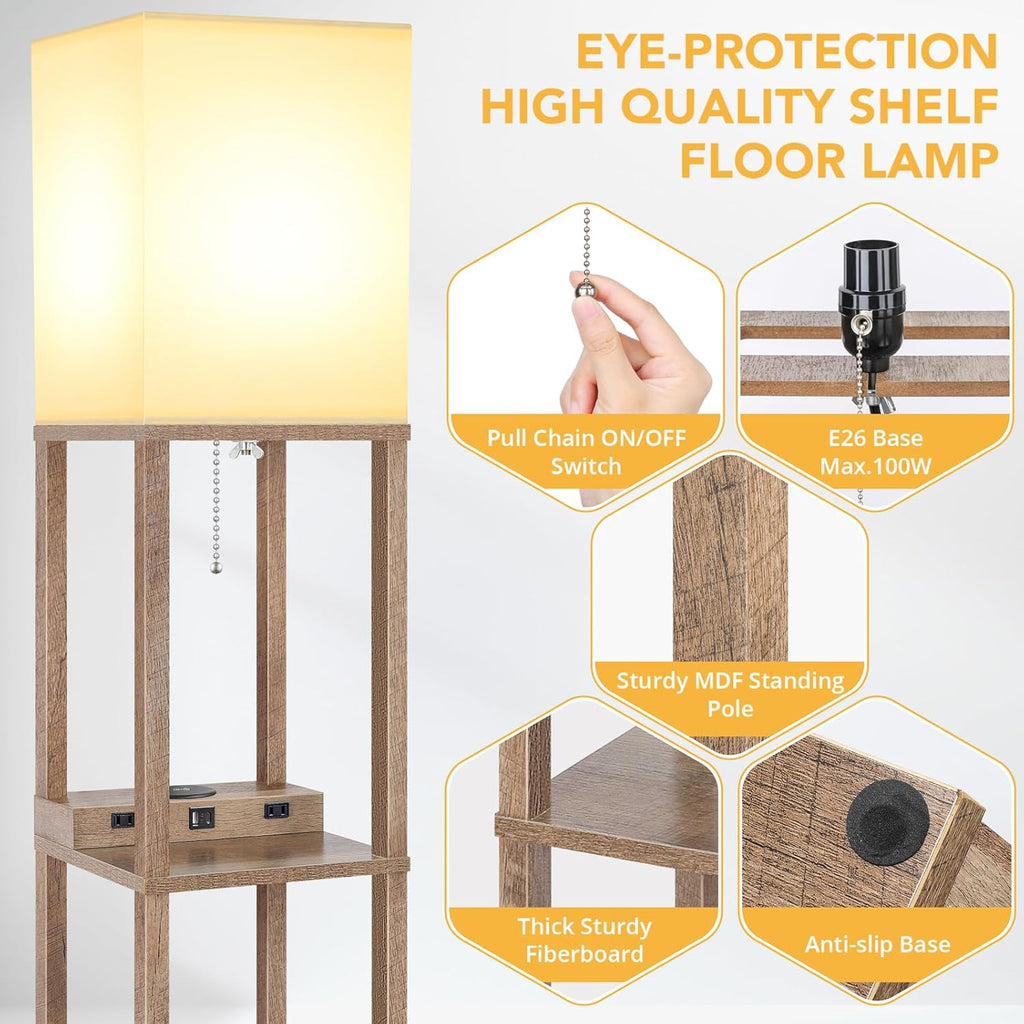Modern Shelf Floor Lamp with Wireless Charger & Fast Charging USB Ports & Type C Port & 2 Power Outlets