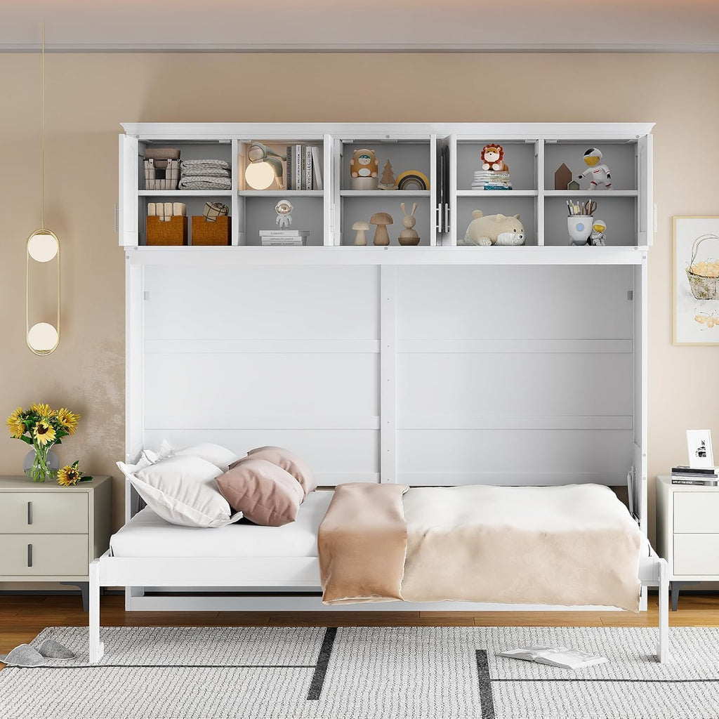 Queen Horizontal Murphy Bed with Storage Cabinet,Wood Folding White Murphy Wall Bed for Adult