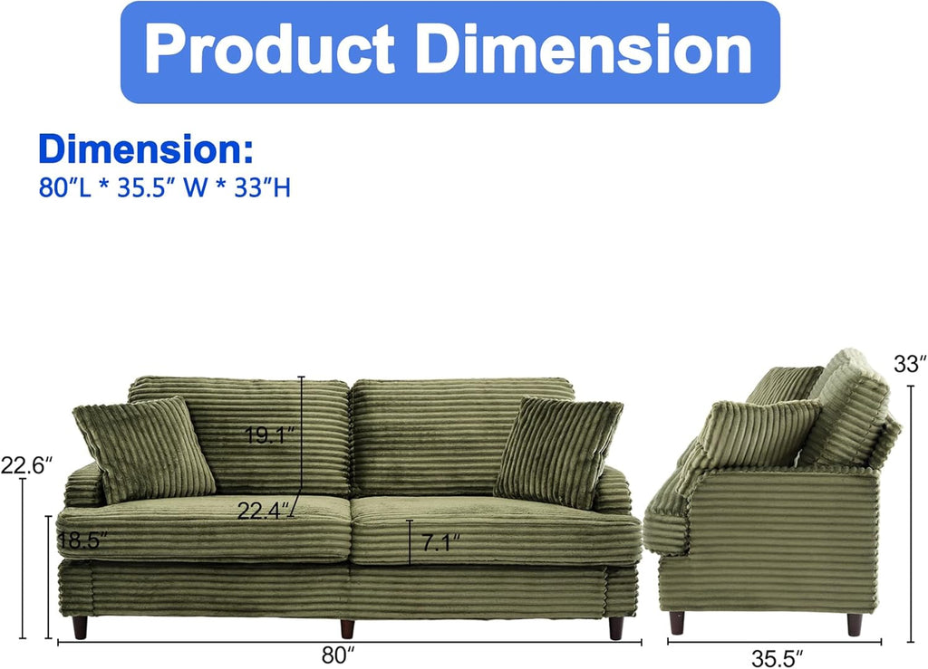 80 Inch Olive Green Sofa Couch, Plush Corduroy Deep Seat Sofas