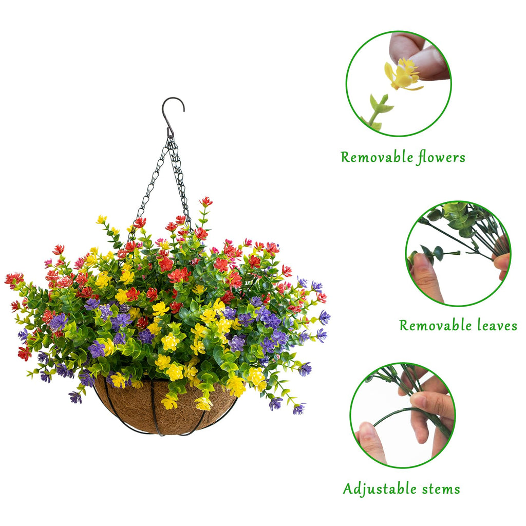 Artificial Hanging Plants Flowers with Basket for Spring Summer Outdoor Decoration, Yellow Purple Pink Red