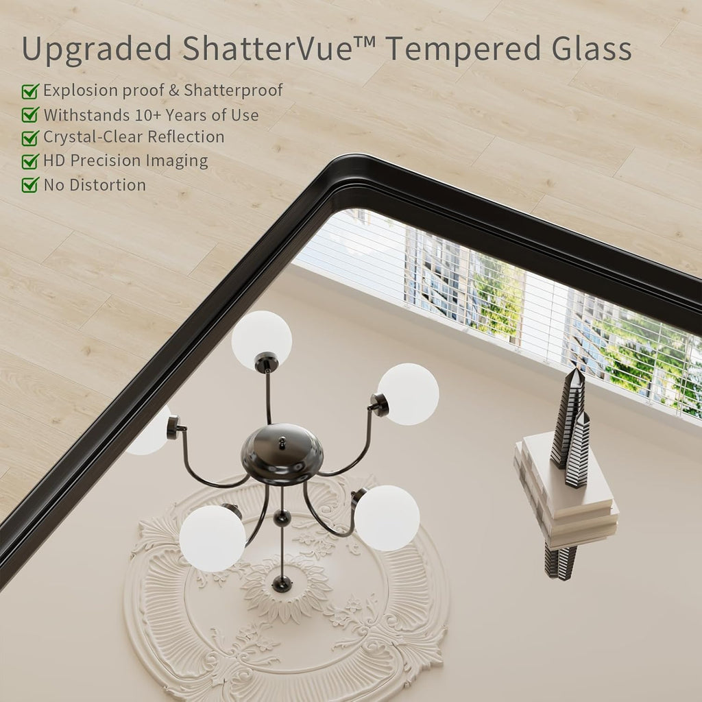 Black Wall Mirror , 30x48 Inch Matte Deep Framed Rounded Rectangle Vanity Mirror for Farmhouse Living Room, Tempered