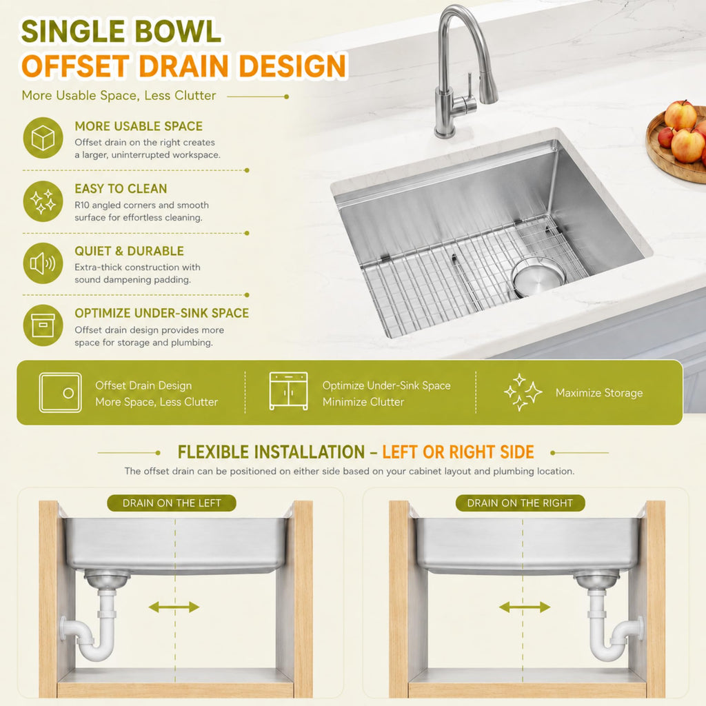 23" X 18" Undermount Kitchen Sink Offset Drain with Workstation