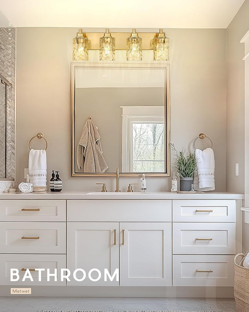 4-Light Brushed Gold Bathroom Vanity Light, Hammered Cylinder Glass | 24.5" modern bathroom light fixtures over