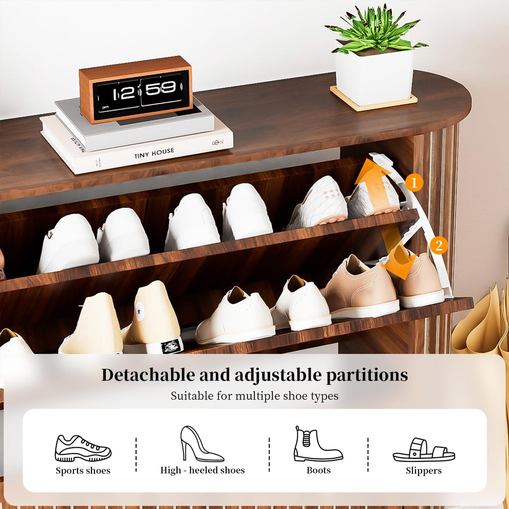 Narrow Shoe Storage Cabinet , Slim Fluted Shoe Cabinet with 2 Flip Drawers, Wood Hidden Shoe Rack Organizer for Entry