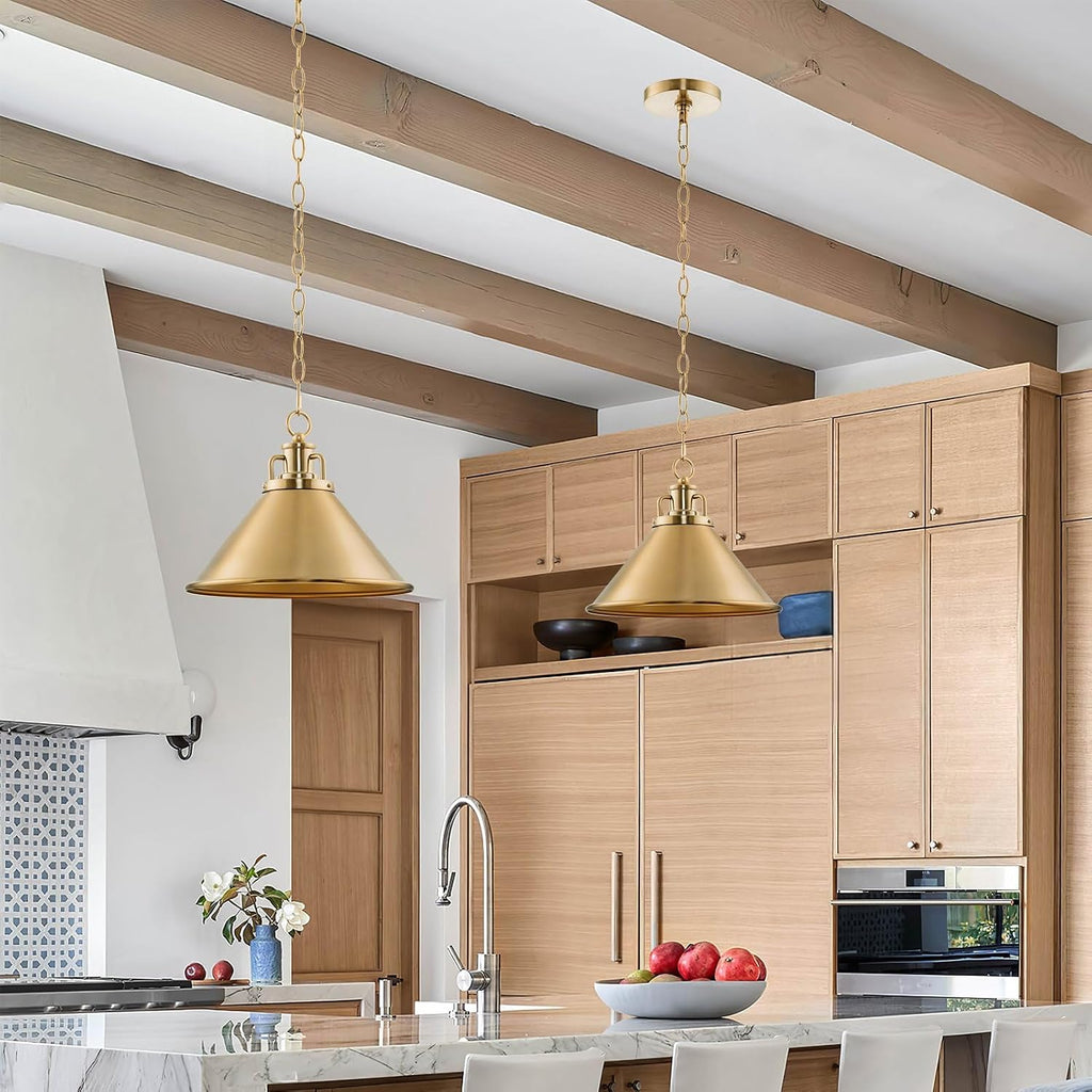 Romine 12" Modern Gold Pendant Light with Cone Metal Shade, Mid-Century Gold Hanging Light, Cool Brass Finish