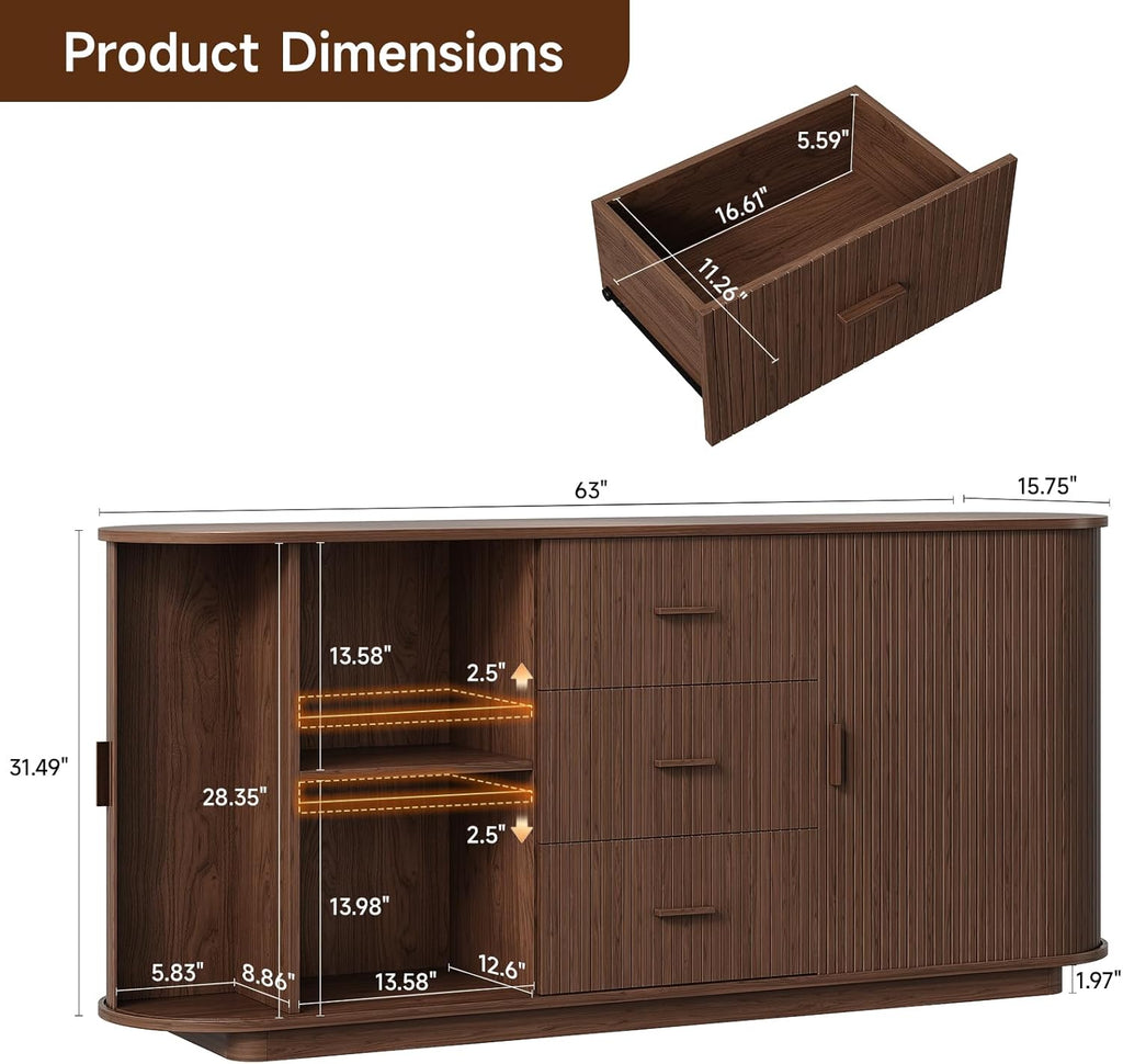 63" Fluted Sideboard Buffet Cabinet with 3 Drawers & 2 Doors, Mid-Century Modern Buffet Sideboard Cabinet with Storage