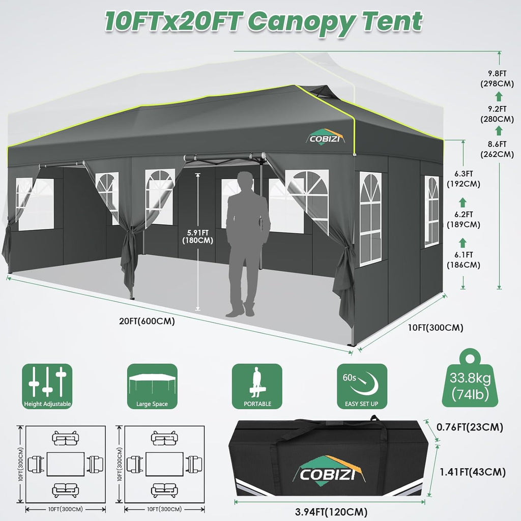 10x20 Pop Up Canopy Tent with 6 Removable Sidewalls, Outdoor, Gray | One-Push Setup, Air Vent, 3 Adjustable Heights