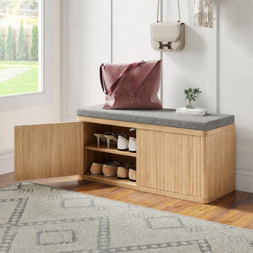 Shoe Bench with Cushion & Push-Open Doors, Double-Layered Storage, Oak