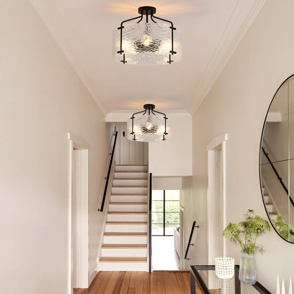 Semi Flush Mount Ceiling Light Fixture,Glass Drum Kitchen Lighting Fixtures Ceiling,18''Black Modern Light Fixture