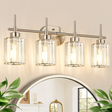 Modern Crystal Vanity Light Fixtures, 4-Light Brushed Nickel Bathroom Vanity Lighting Over Mirror, Bathroom Light