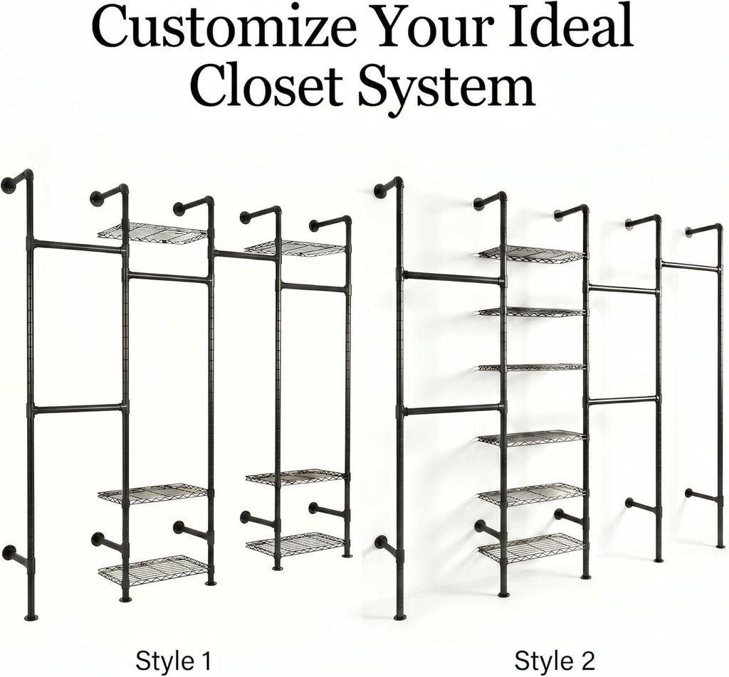 F4 Wall Mounted Closet System, Industrial Pipe Clothing Rack for Hanging Clothes, Heavy Duty Closet Organizer System