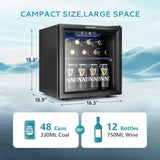 12 Bottle 48 Can Mini Fridge Cooler, 1.3 Cu.Ft Beverage Refrigerator Glass Door 