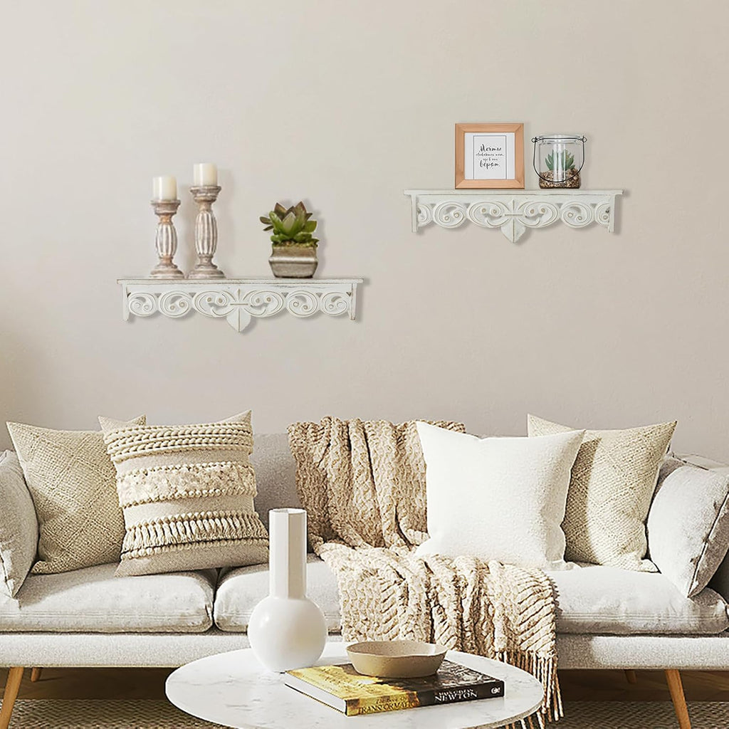 Whitewashed Wood Floating Wall Shelves Set of 2, 16.5in & 15in Long | Shelves with Crown Molding Details, Distressed