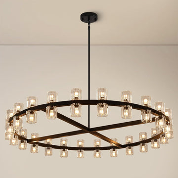 Modern Crystal Chandeliers 48in Large Black Round Chandelier, Chandeliers for Dining Room, K9 Crystal Wagon Wheel Chandelier for Living Room,High Ceiling,Foyer,Entryway,Staircase(48xG4 Bulbs Included)