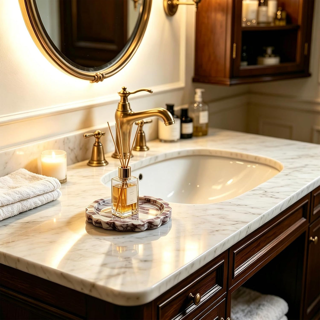 Decorative Marble Tray-6.2 in Round Stone Vanity Tray for Perfume & Jewelry | Scalloped Edge, Calacatta Viola Natural