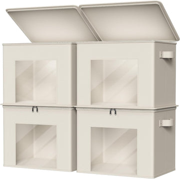 Fabric Storage Bins with Lid Sweater Closet Organizer, Beige,4 Pack | Stackable, Smooth Zipper, Clear Window, Cloth