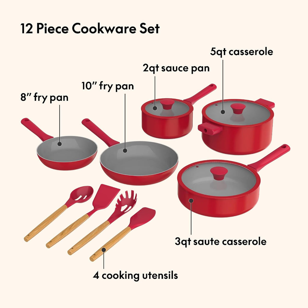 By bella 12 Piece Cookware Set w EverGoodTM Ceramic Nonstick Coating and Silicone & Wood Utensils, Dishwasher Safe