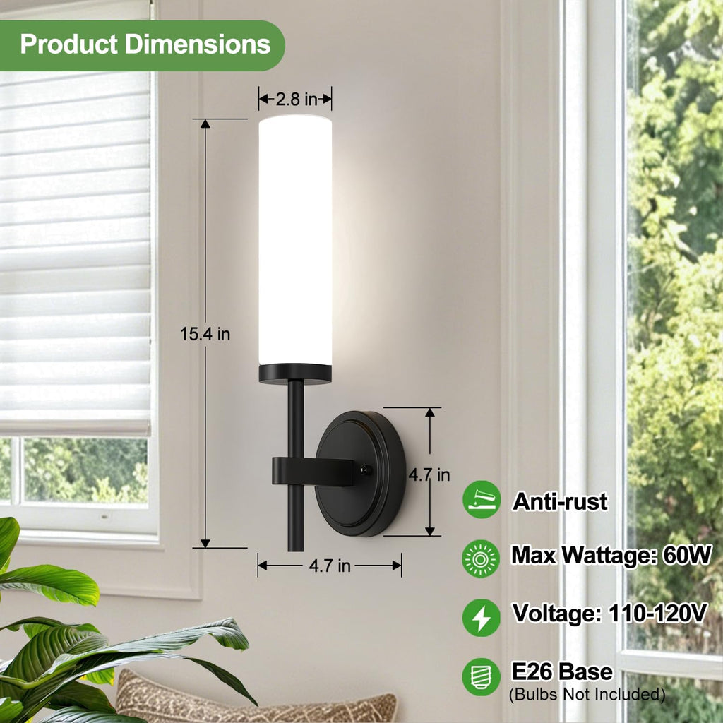 Hardwired] Wall Sconces Set of Two, Matte Black Bathroom Sconces with Milky White Glass, Modern Wall Light Fixtures