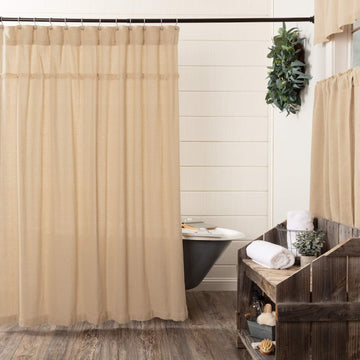 100% Cotton Burlap Vintage Farmhouse Bath Decor Fringed Shower Curtain- Beige, 72x72