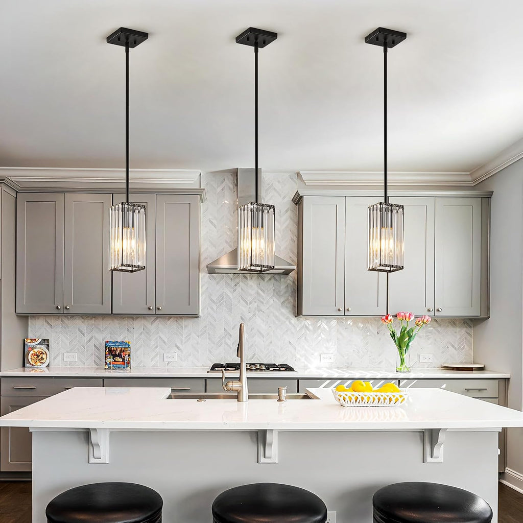 Modern Crystal Pendant Lights Kitchen Island, 3-Pack Black Hanging Light with Clear Crystal Shade, Adjustable Height
