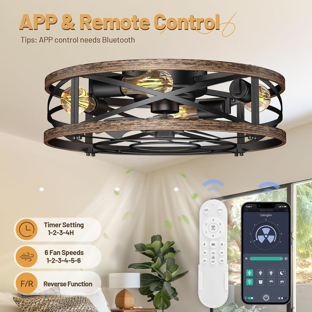 20in Caged Ceiling Fan with Lights, Low Profile Ceiling Fan