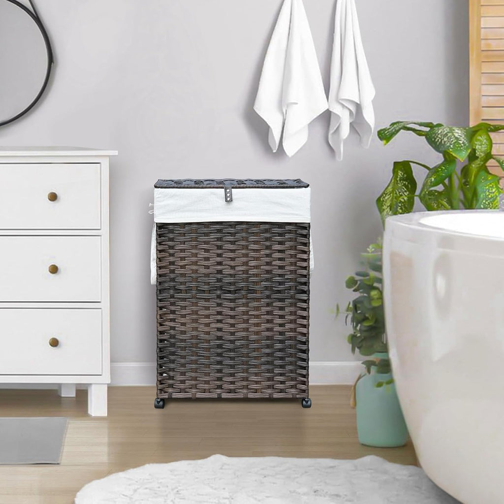 70L Slim Laundry Hamper with Lid & Wheels, Rolling Laundry Basket with 2 Removable Liner Bags & 3 Mesh Bags, Narrow