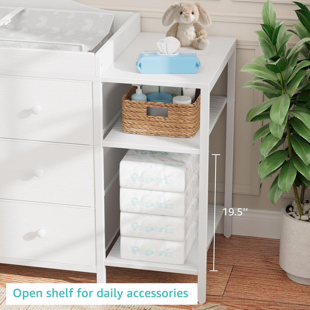 Baby Dresser with Changing Table Top, White Changing Table Dresser with 6 Fabric Drawers Diaper Changing Station with