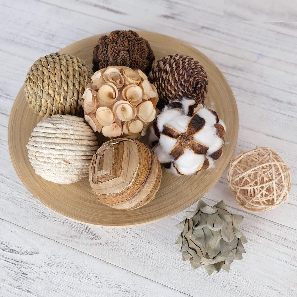 Decorative Balls Spherical Assorted Brown White Orbs Rustic Natural Twig Rattan Woven Cotton Balls for Vase Bowl - Set of 9