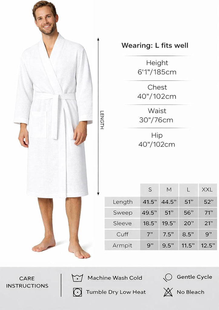 Men's Waffle Bathrobe Lightweight Kimono Spa Robe - Quick Dry Bath & Shower Robe for Men with Pockets
