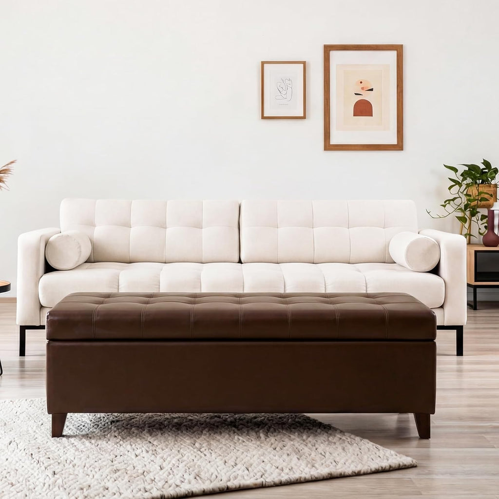 51 Inch Storage Bench,Leather Tufted Storage Ottoman with Legs | Safety Hinges,Wooden Legs,Upholstered,End of