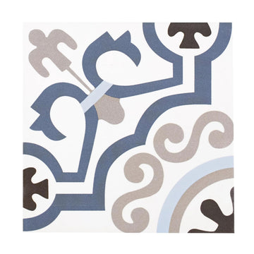 Azure Crest 8" x 8" Matte Porcelain Tile for Floor and Wall, Blue Gray Mediterranean Pattern, Spanish Encaustic Look