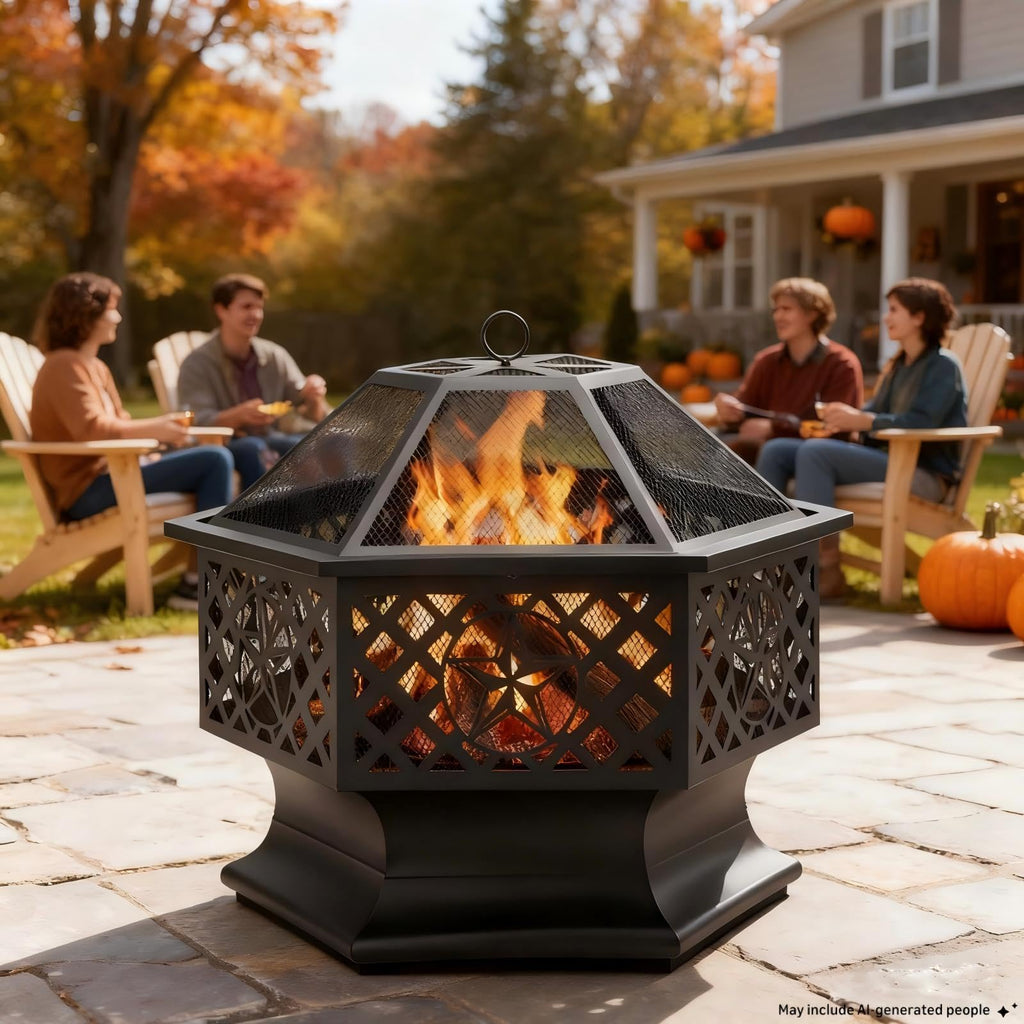 28 Inch Hexagonal Fire Pit with Spark Screen&Fire Poker Black