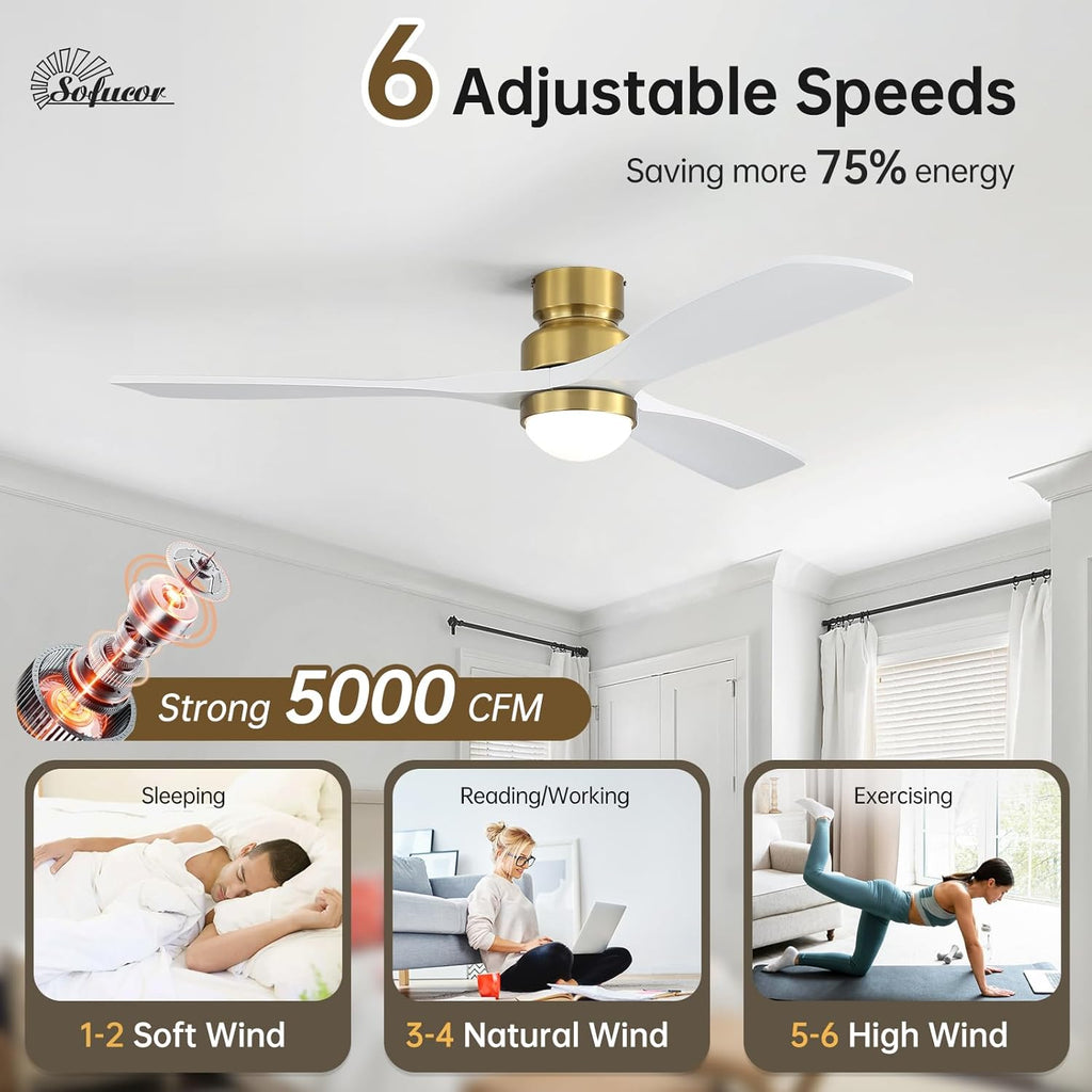 52" Smart Wood Ceiling Fans Lights, Flush Mount & Downrod Mount