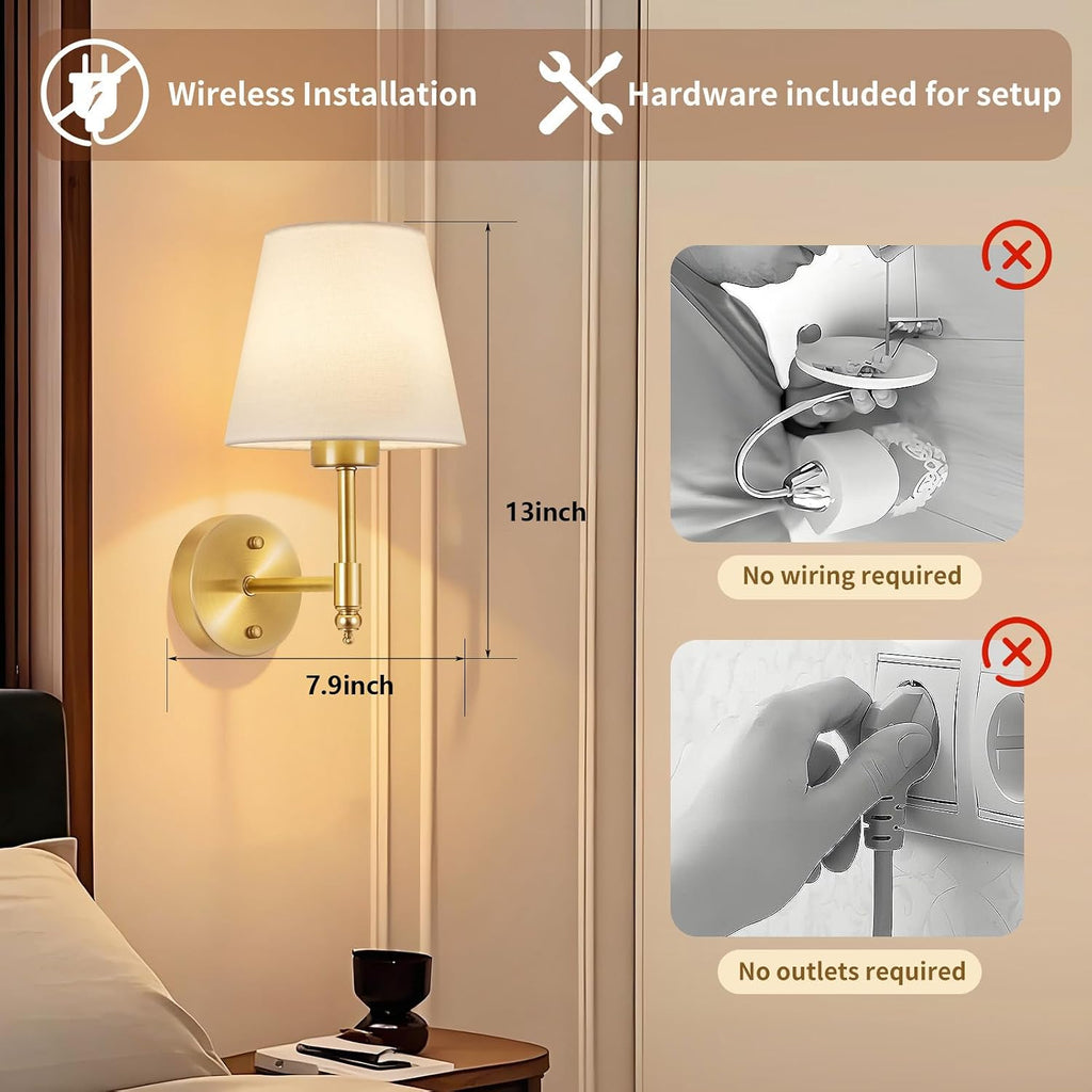 Battery Operated Wall Sconce Set of 2, Rechargeable Wireless Wall Lights with fabric Lampshade, 5200mAh Dimmable