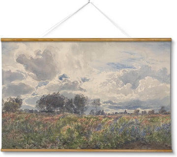Extra Large Vintage Framed Wall Art, 36x54 Inch Farmhouse Retro Watercolor Sky Field Landscape Hanging Wall Art