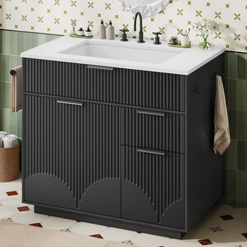 31" Fluted Freestanding Bathroom Vanity with Sink - Cabinet with Door Storage & 3 Drawers
