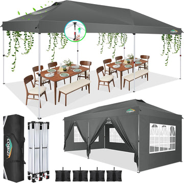 10x20 Pop Up Canopy Tent, One Push Easy Up Gazebo with 6 Removable Sidewalls & Air Vent